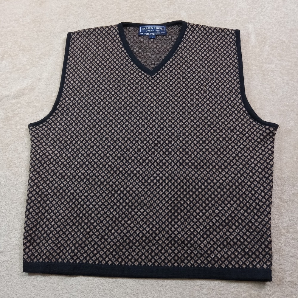 Harold Powell 100%‎ Extra Fine Merino Wool Sweater Vest Men's Large Black/Tan